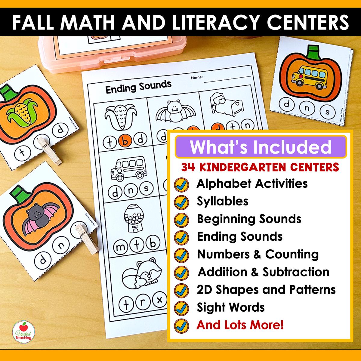 What's included in Fall Math and Literacy Centers, a checklist of 34 kindergarten centers with ending sounds clip cards