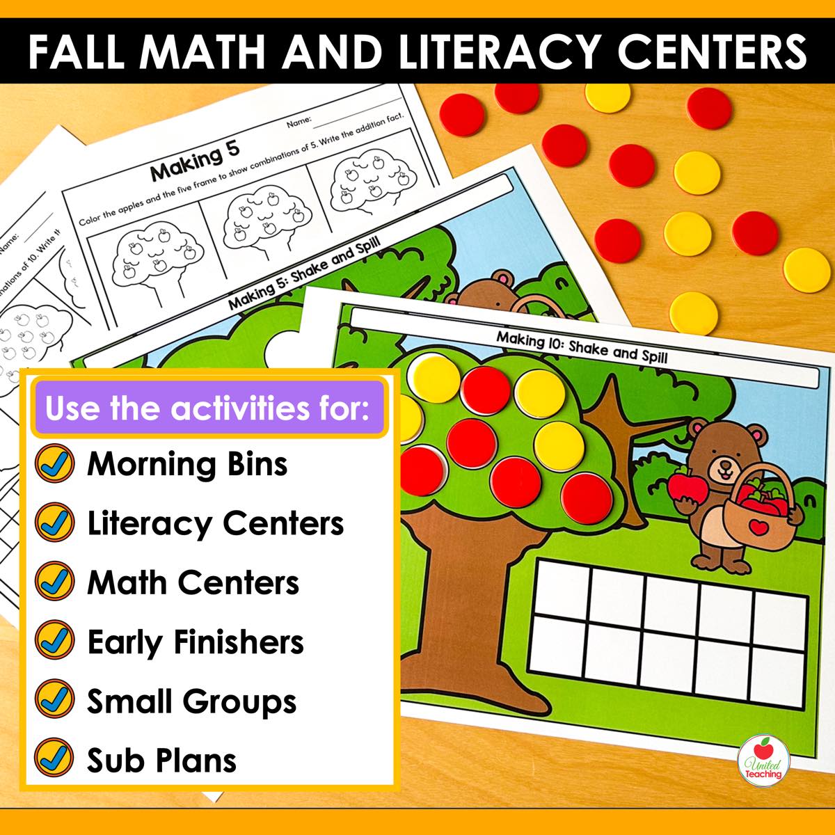 Fall Math and Literacy Centers used for morning bins, literacy centers, math centers, early finishers, and sub plans