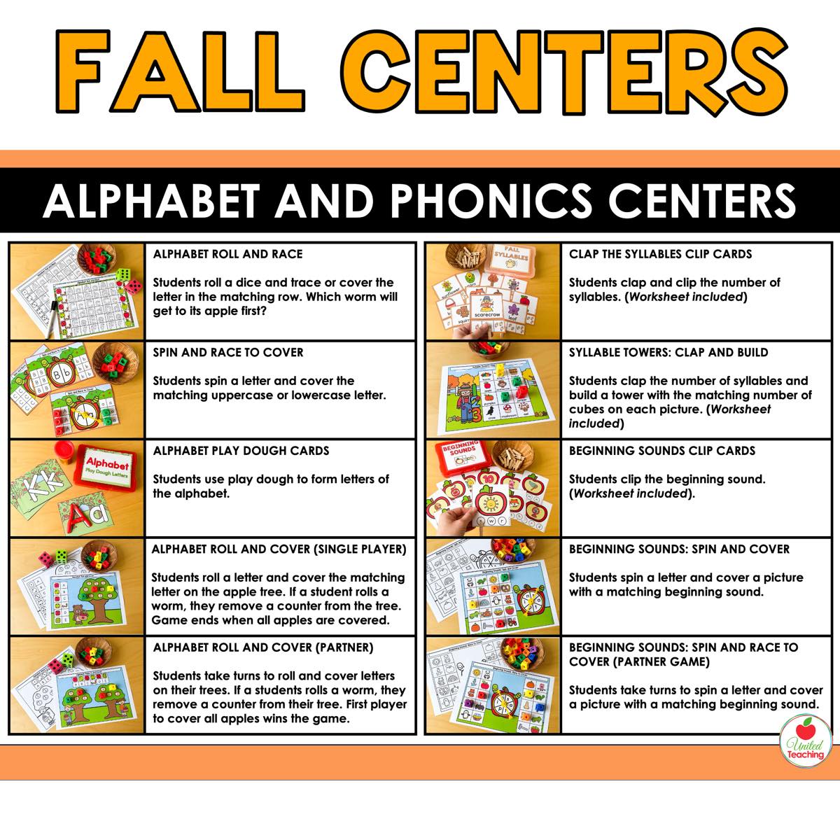 Alphabet and phonics activity list from Fall Math and Literacy Centers for kindergarten
