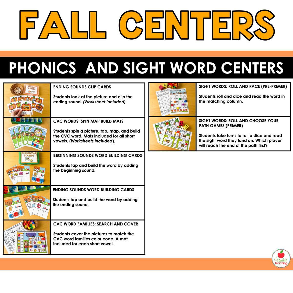Phonics and sight word activity list from Fall Math and Literacy Centers for kindergarten