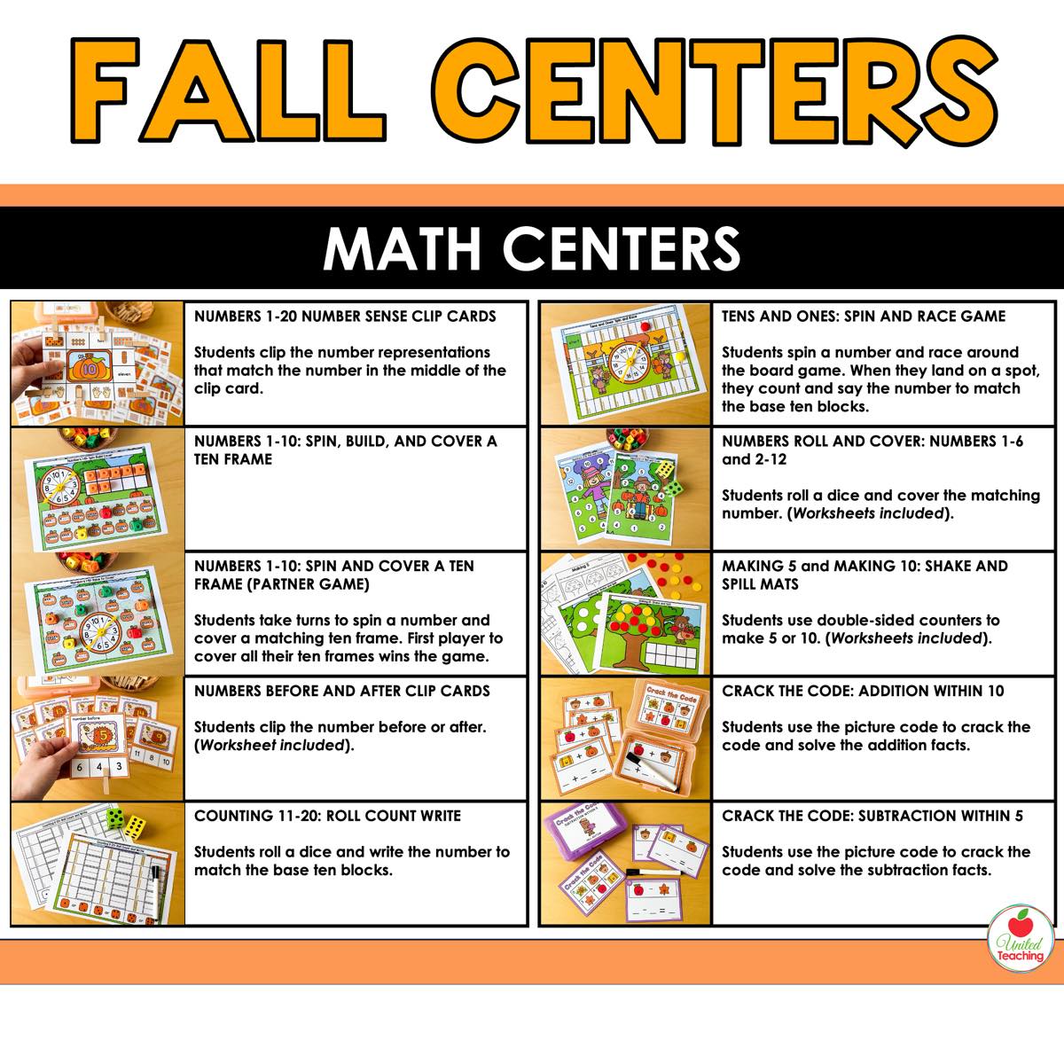 Math centers activity list from Fall Math and Literacy Centers for kindergarten