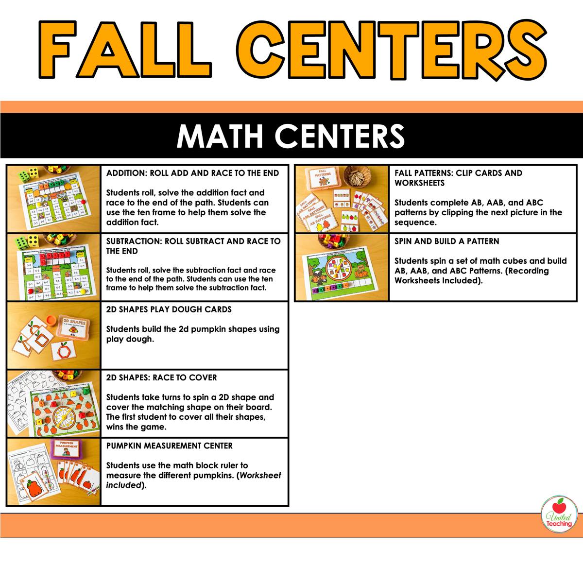 More math center activities from Fall Math and Literacy Centers including shapes, measurement, and patterns