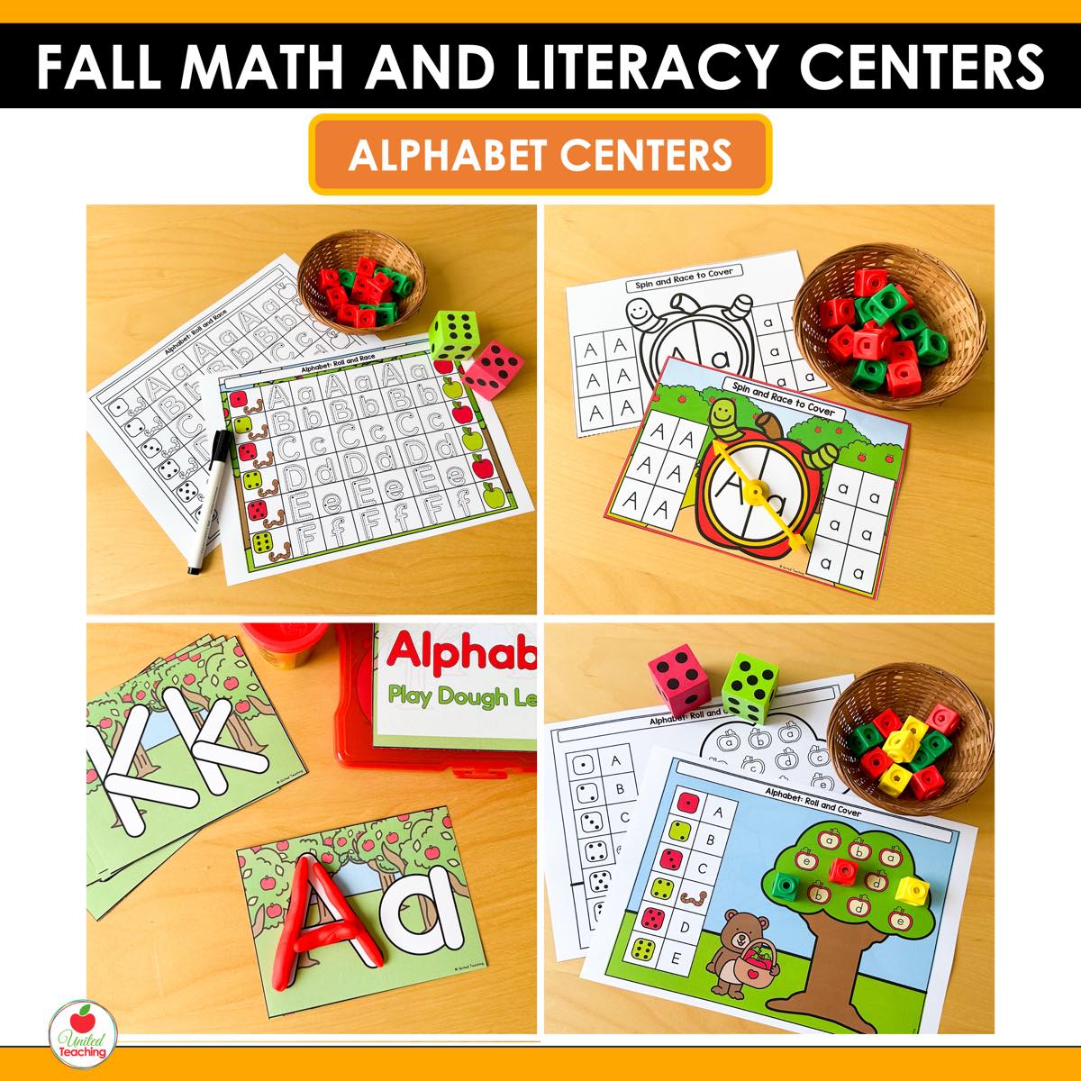Alphabet centers from Fall Math and Literacy Centers with roll and race, playdough letter cards, and apple tree games