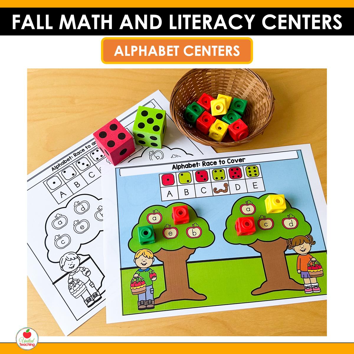 Alphabet Race to Cover apple tree game from Fall Math and Literacy Centers with dice and connecting cubes