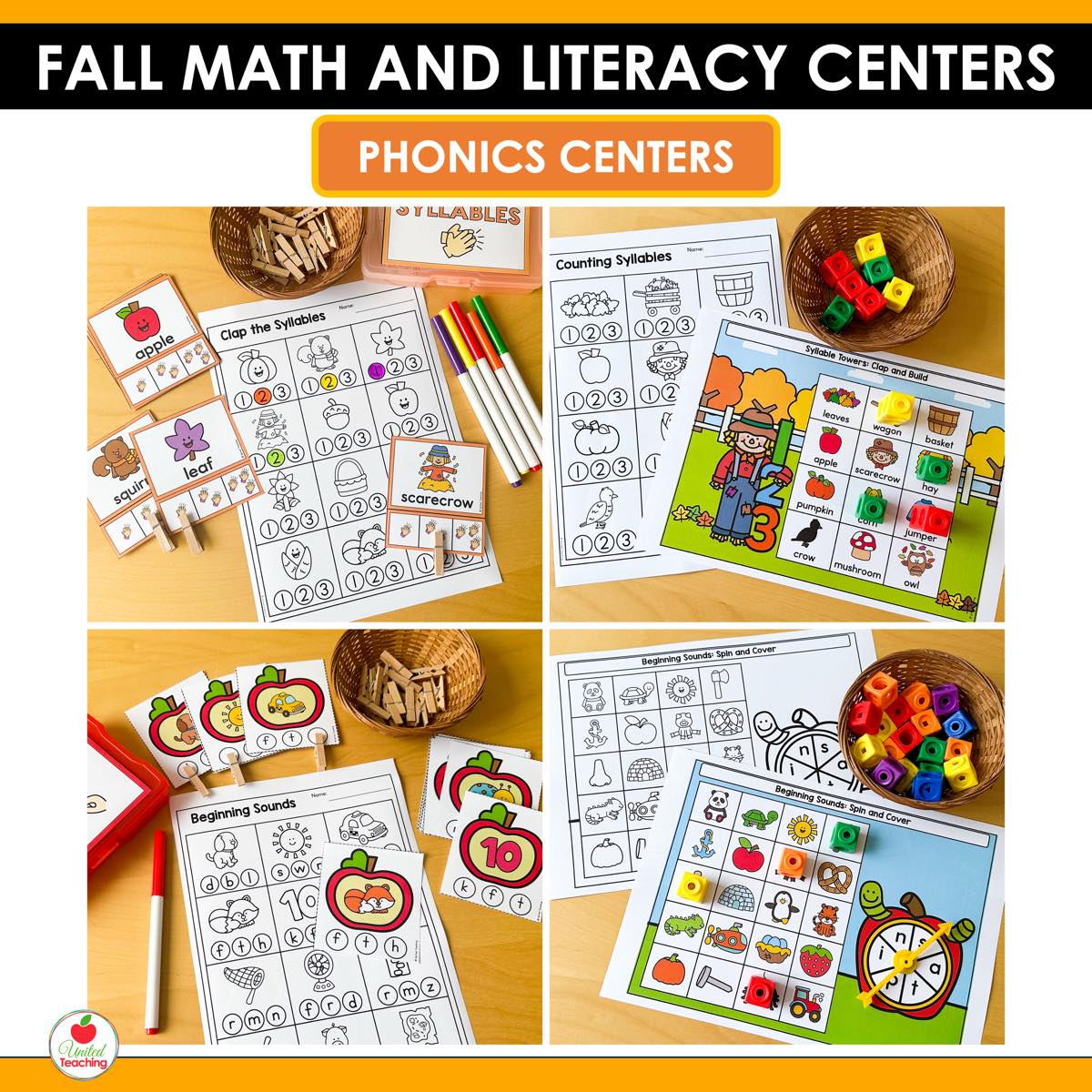 Syllable and beginning sounds phonics centers from Fall Math and Literacy Centers with clip cards and clothespins