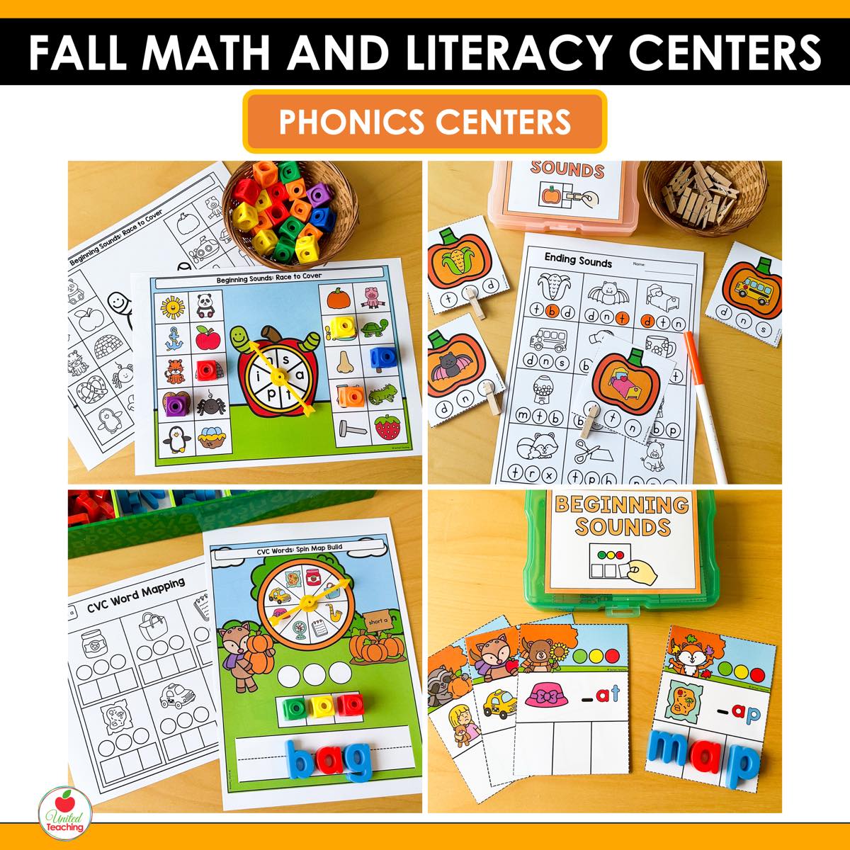 Ending sounds and CVC word mapping centers from Fall Math and Literacy Centers with letter tiles and cubes