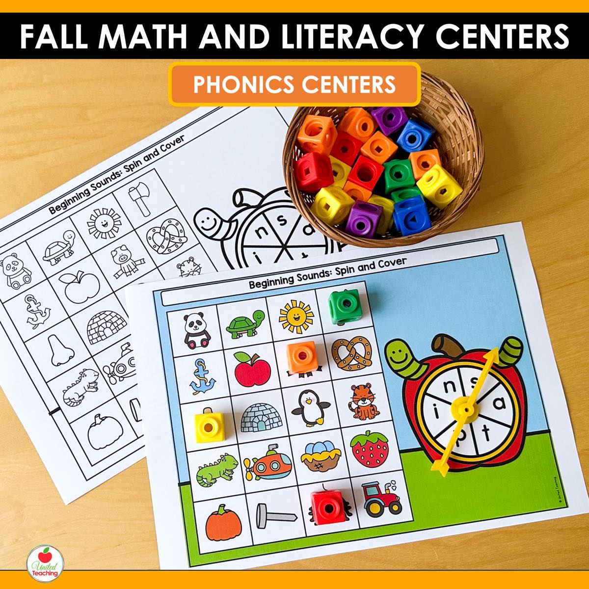 Beginning Sounds Spin and Cover center from Fall Math and Literacy Centers with apple spinner and cubes