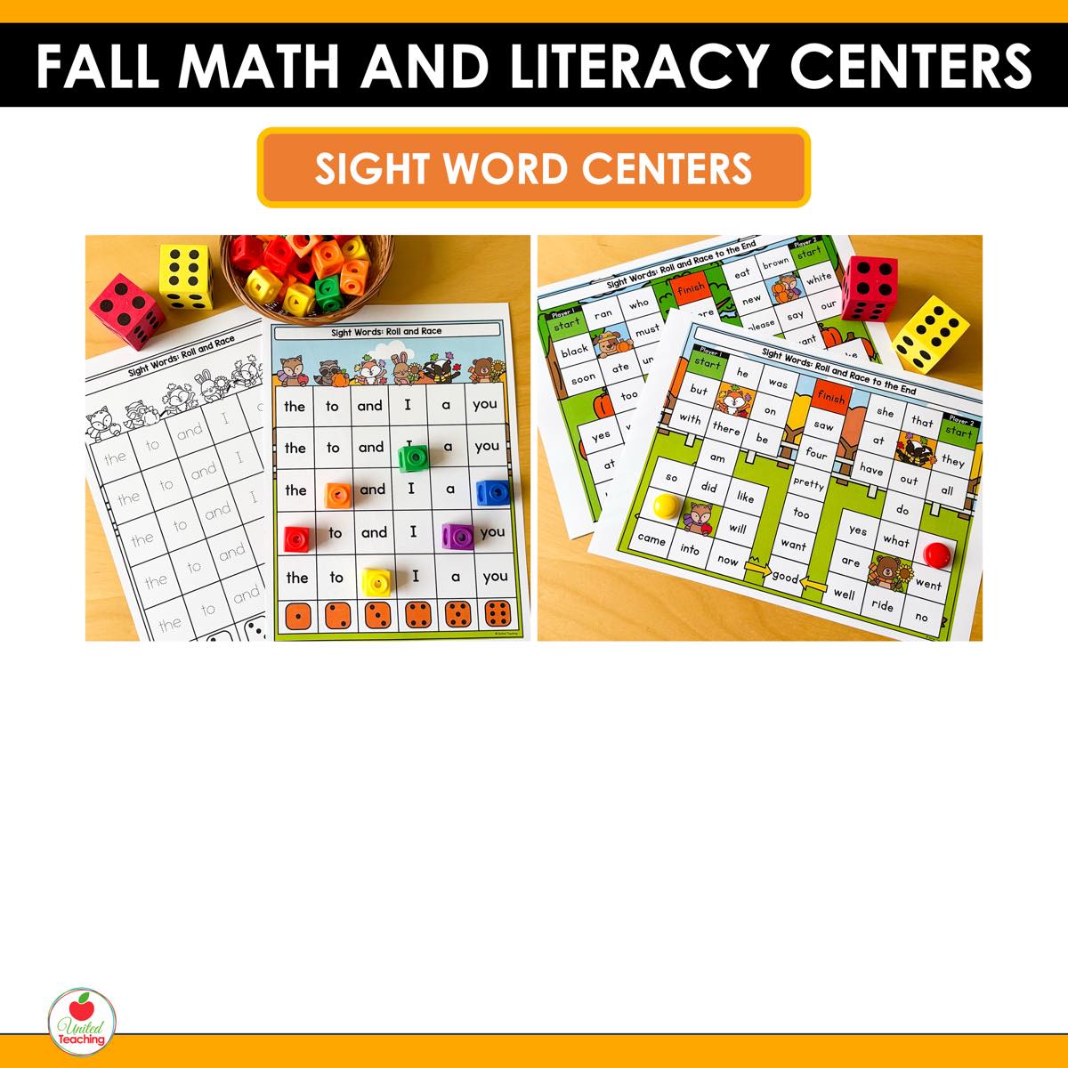 Sight word board games from Fall Math and Literacy Centers with dice and connecting cubes