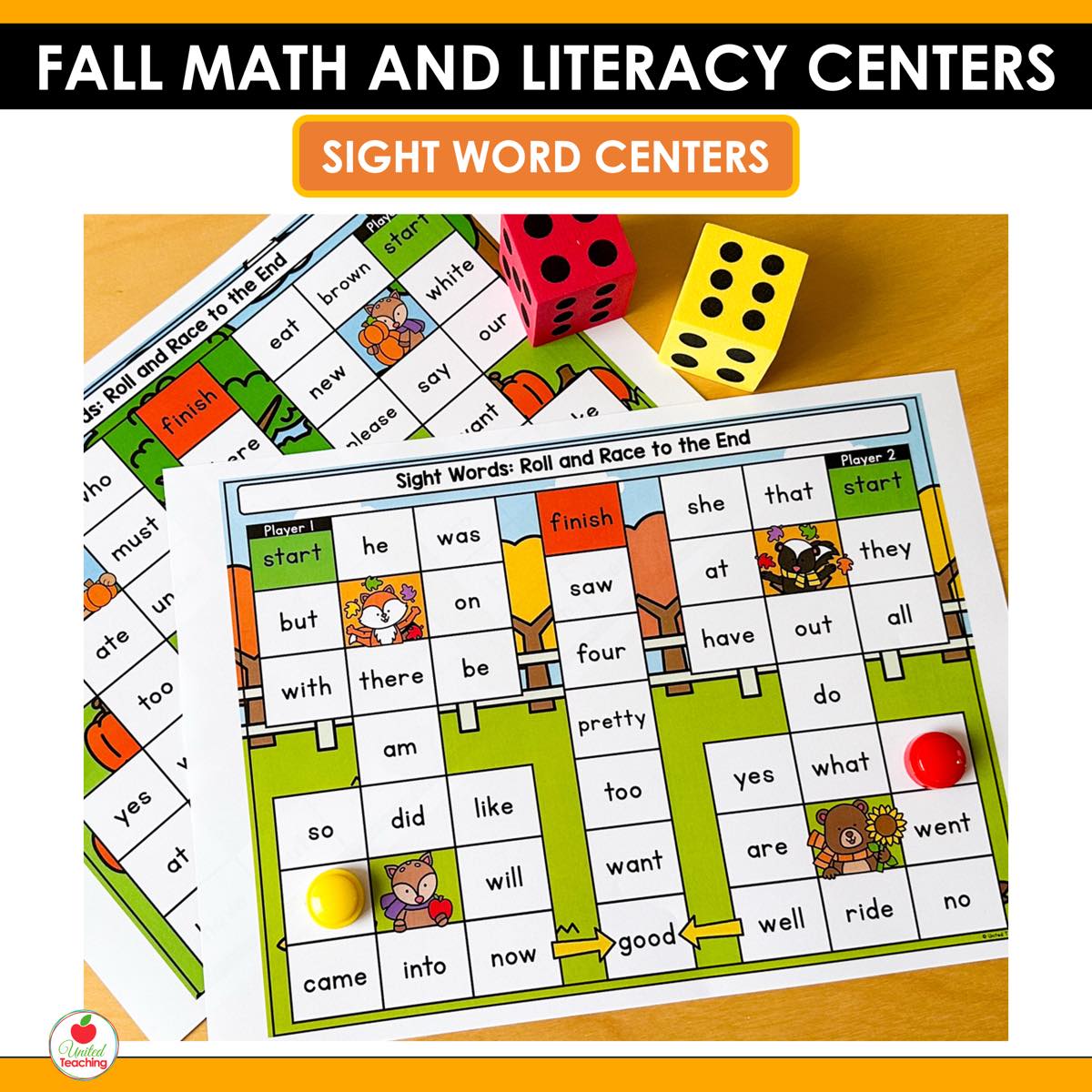 Sight Words Roll and Race to the End board game from Fall Math and Literacy Centers with dice