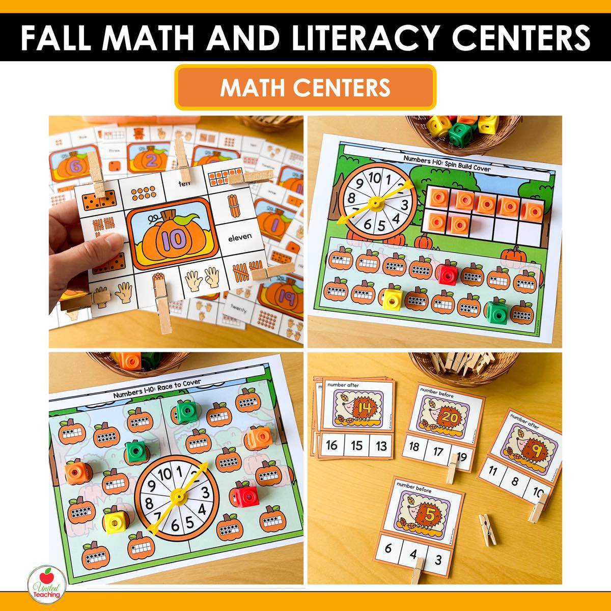 Numbers to 20 clip cards and ten frame centers from Fall Math and Literacy Centers with pumpkin mats