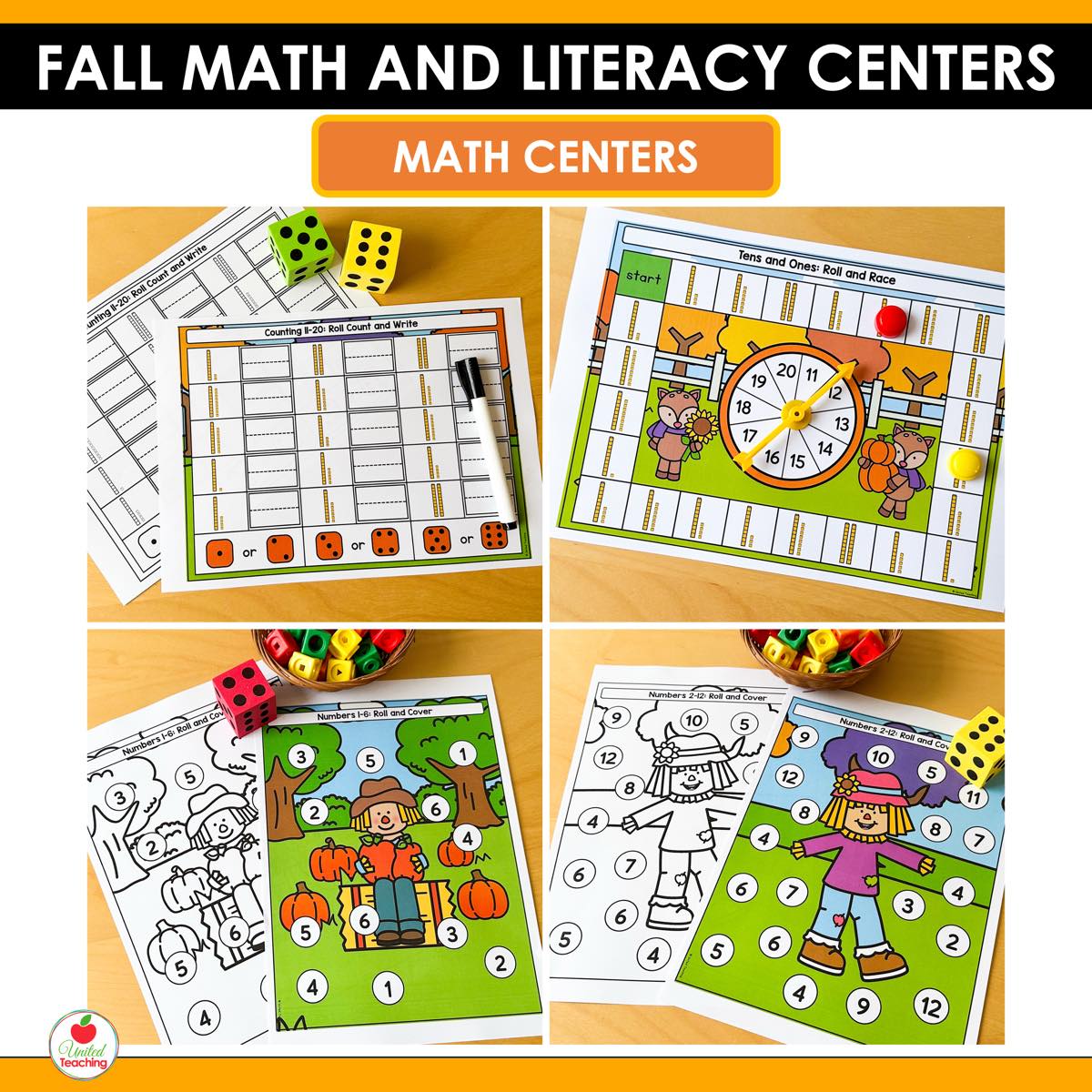 Counting and tens and ones math centers from Fall Math and Literacy Centers with dice and scarecrow mats