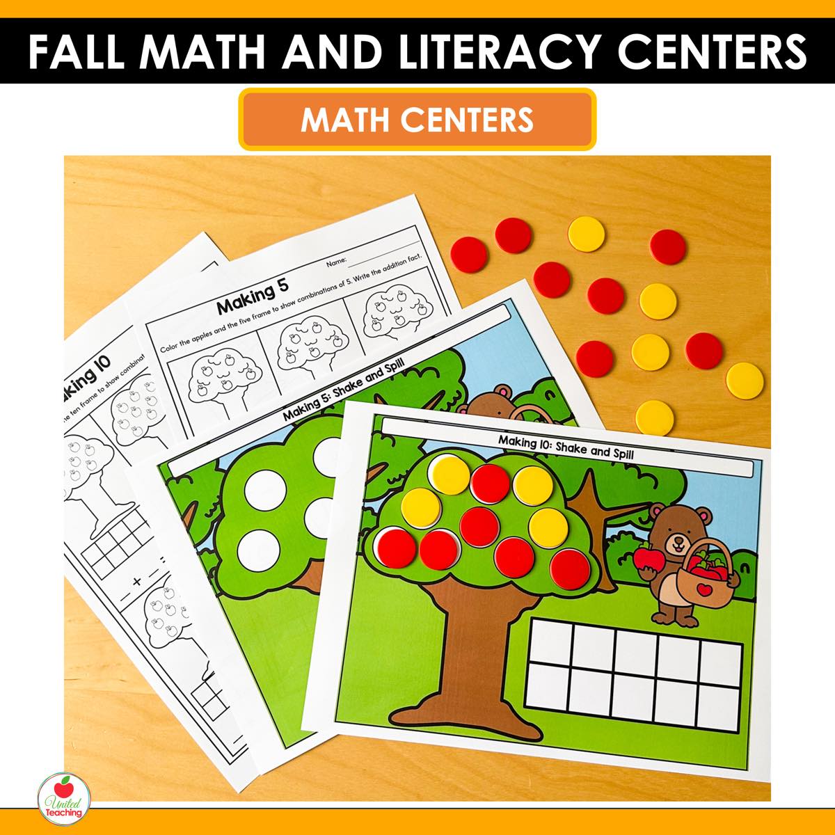 Making 5 and Making 10 Shake and Spill apple tree mats from Fall Math and Literacy Centers with counters