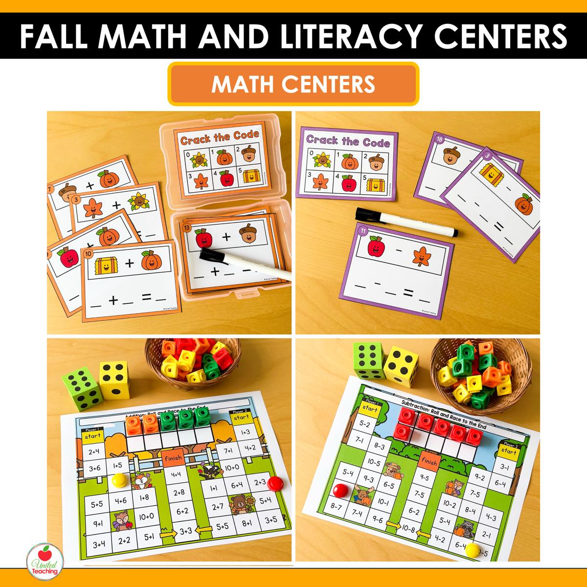Crack the Code task cards and addition and subtraction race games from Fall Math and Literacy Centers