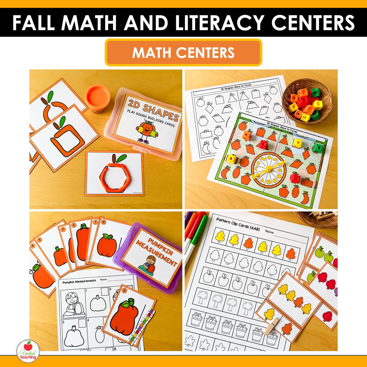 2D shapes, pumpkin measurement, and pattern clip card centers from Fall Math and Literacy Centers