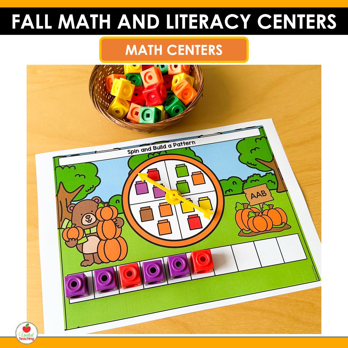 Spin and Build a Pattern math center from Fall Math and Literacy Centers with connecting cubes