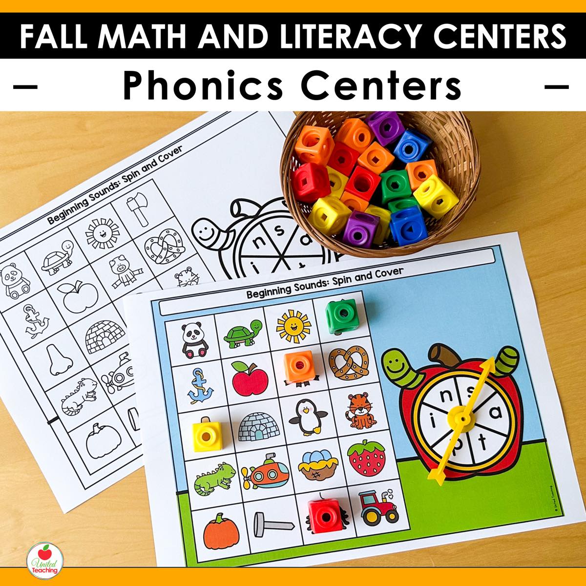 Beginning Sounds Spin and Cover phonics center from Fall Math and Literacy Centers in color and black and white