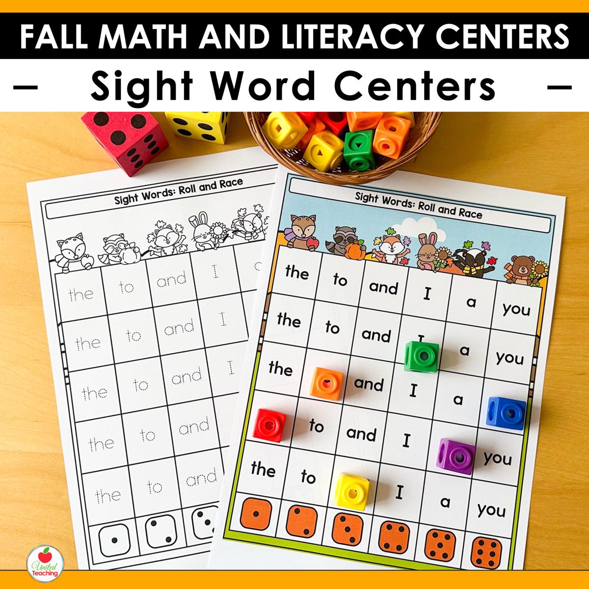 Sight Words Roll and Race center from Fall Math and Literacy Centers with dice and connecting cubes