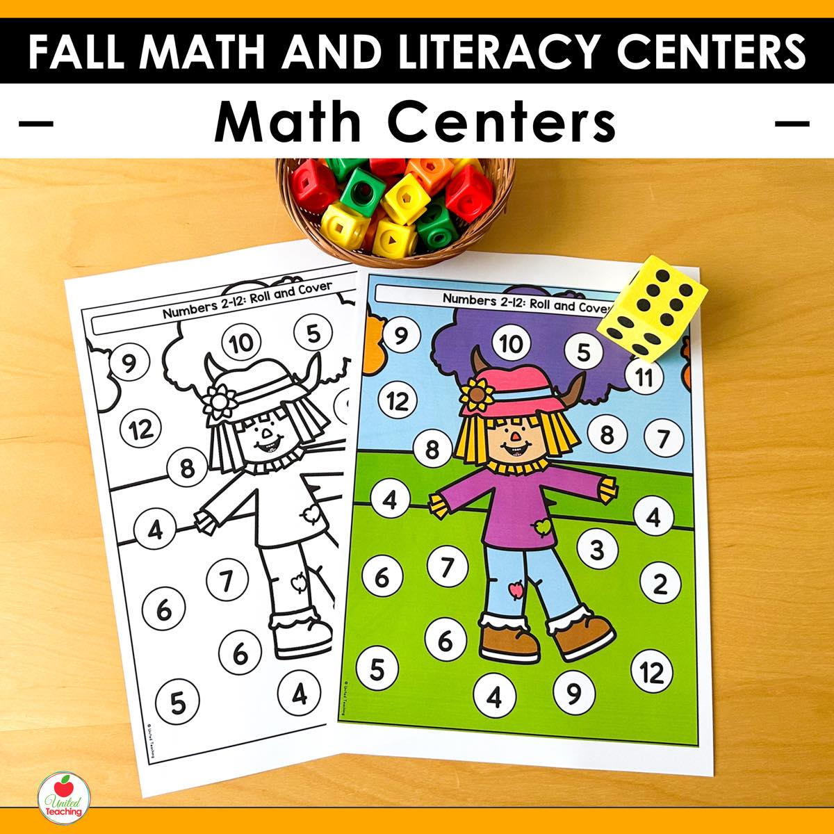 Numbers 2-12 Roll and Cover scarecrow math center from Fall Math and Literacy Centers with dice