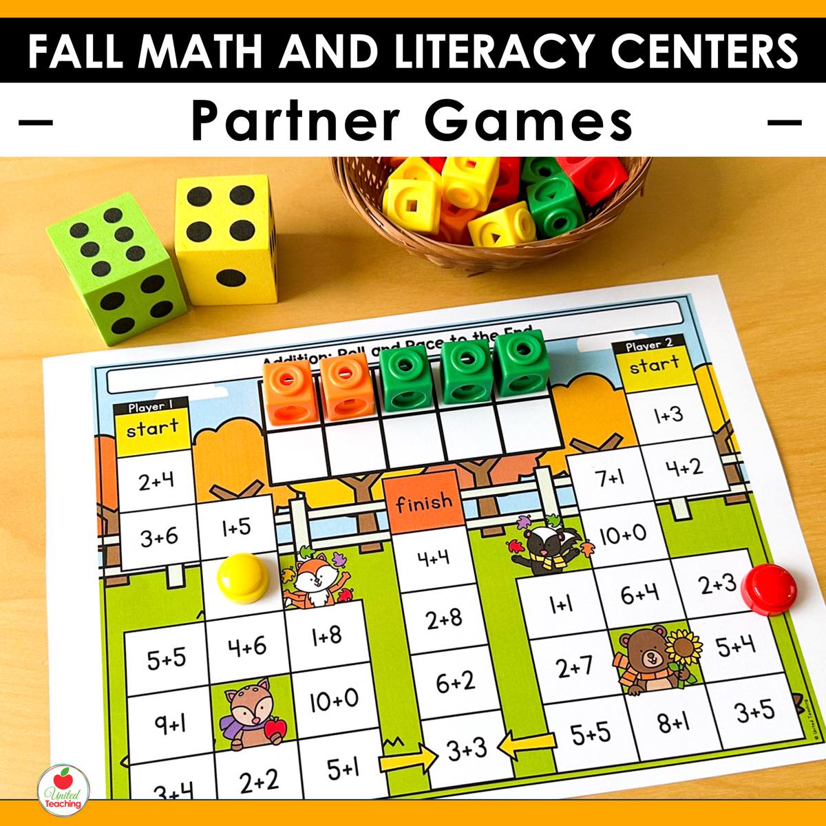Addition Roll and Race to the End partner game from Fall Math and Literacy Centers with dice and cubes
