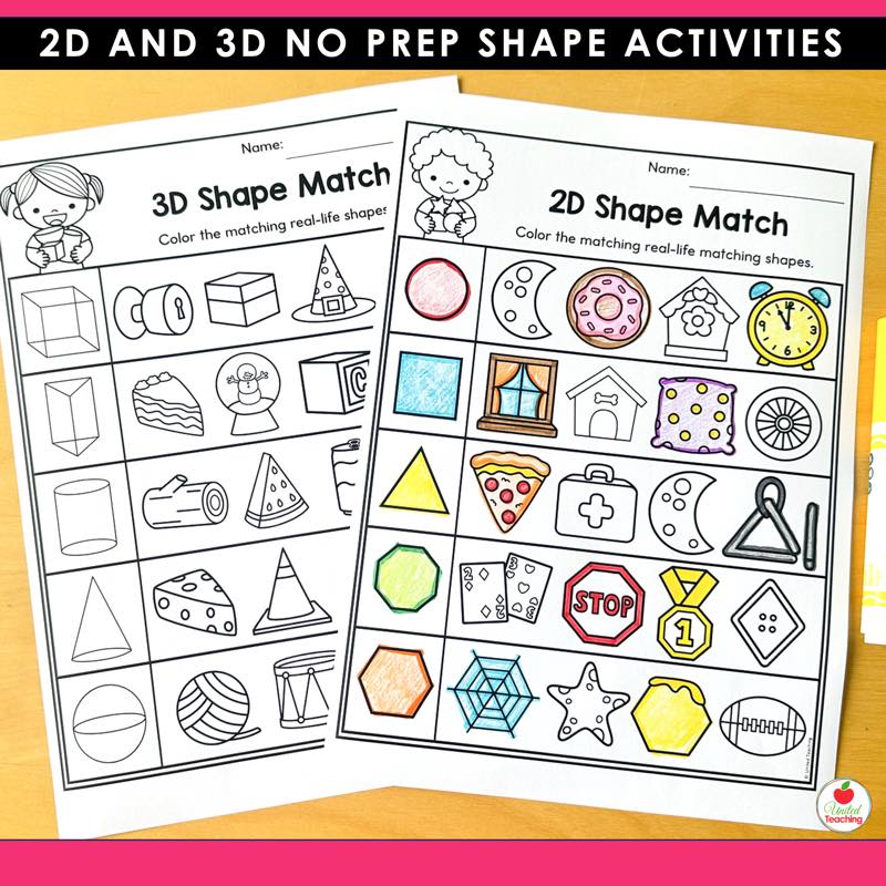 2D and 3D Shape Match worksheets where students color the real-life objects matching each shape
