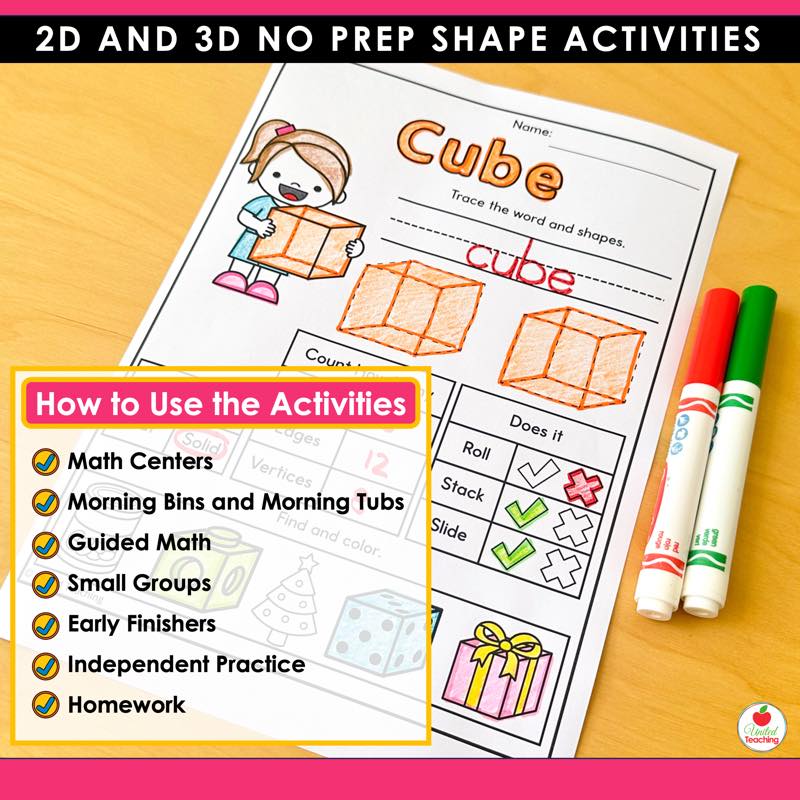 Cube tracing worksheet beside a How to Use list including math centers, small groups, and morning tubs