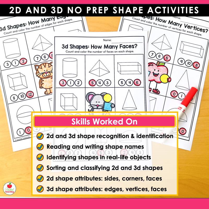 3D shape faces, edges, and vertices worksheets beside a Skills Worked On list for 2D and 3D shapes