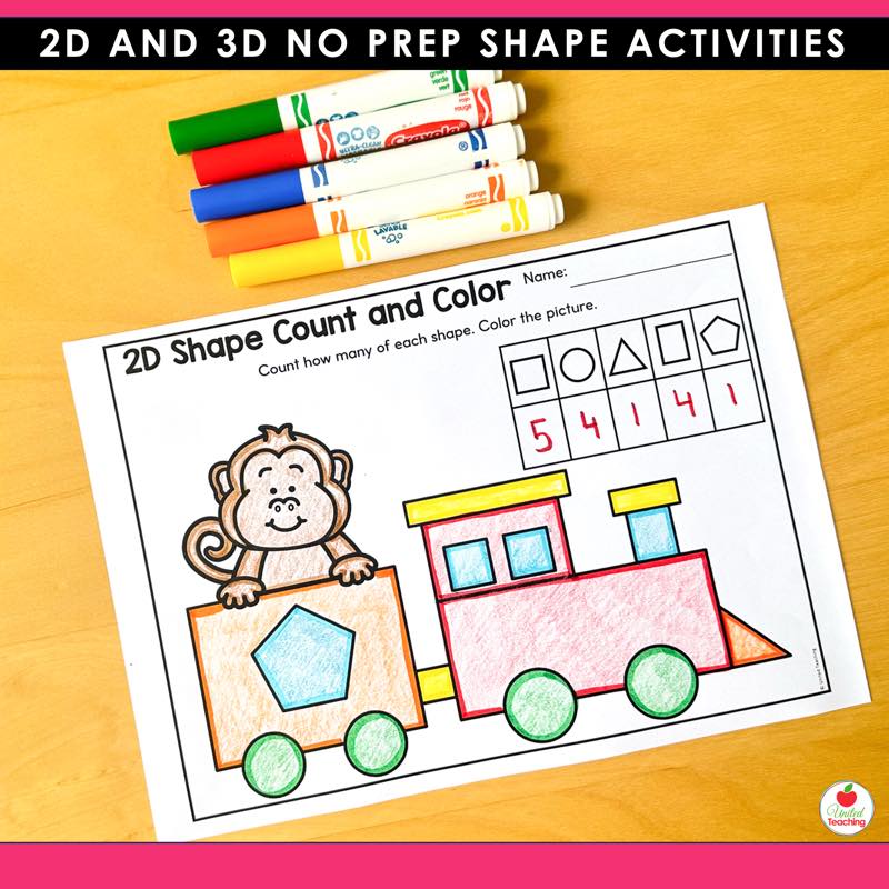 2D Shape Count and Color train worksheet where students count each shape in the picture and color it