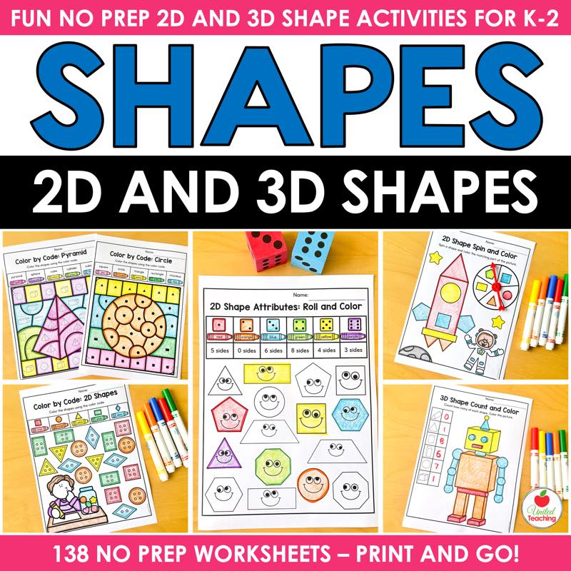 2D and 3D Shapes No Prep Worksheets cover with color by code, shape attributes, and count and color pages