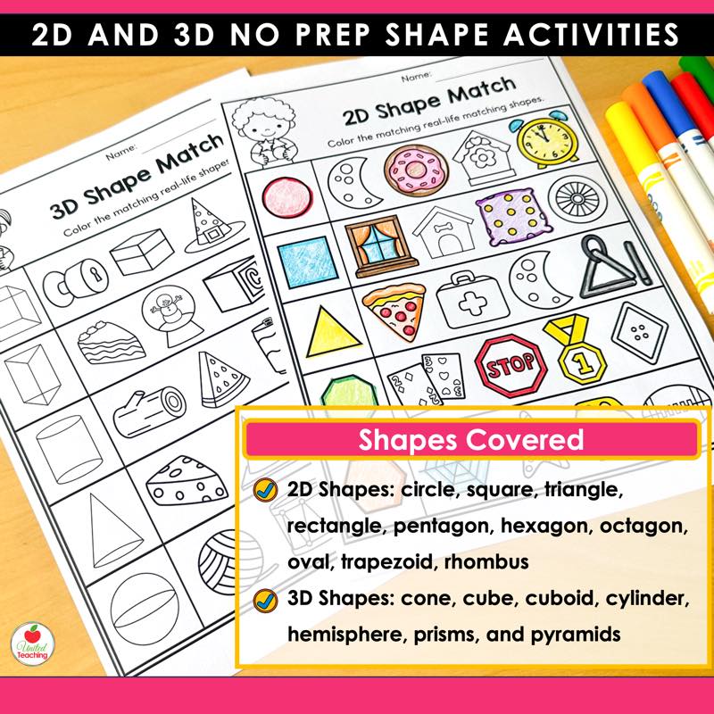 2D and 3D Shape Match worksheets beside a list of the 10 2D shapes and 15 3D shapes covered
