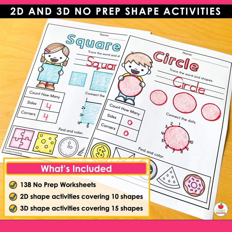 Square and Circle shape tracing worksheets beside a What's Included list of 138 no prep shape activities