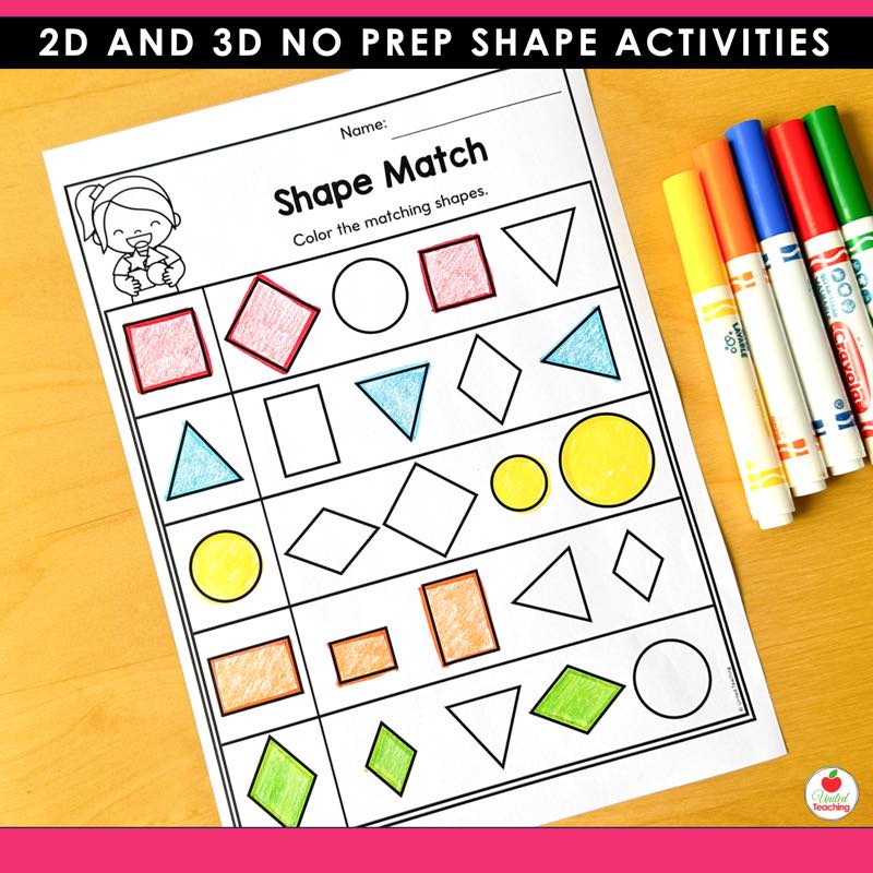 Shape Match worksheet where students color the matching 2D shapes in each row, shown with markers