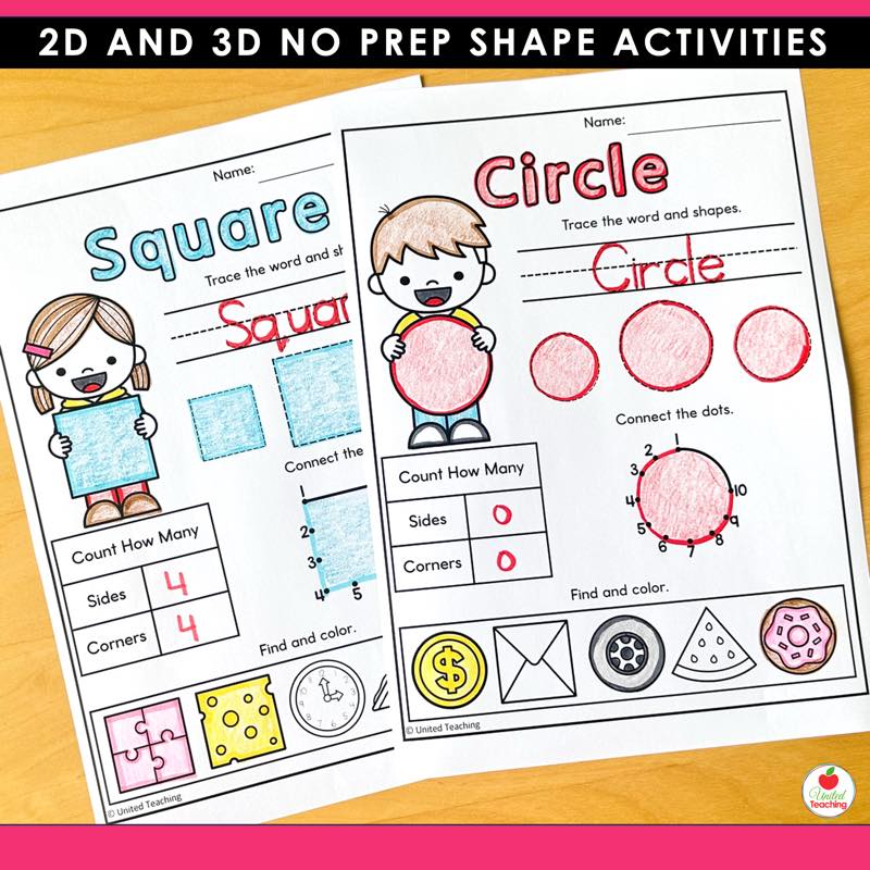 Square and Circle worksheets with word tracing, shape tracing, connect the dots, and find and color