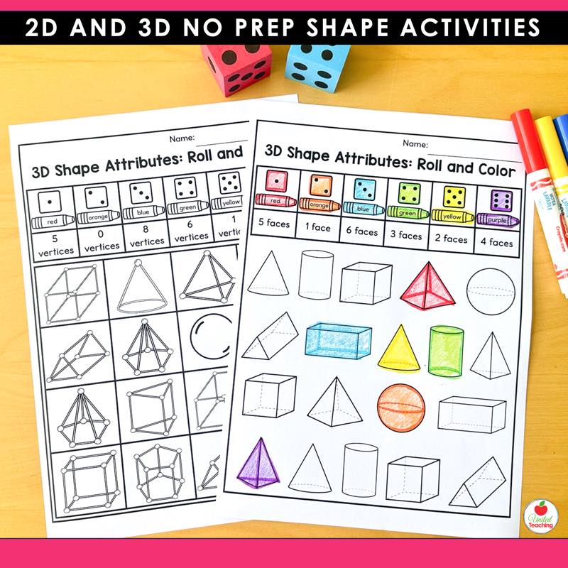 3D Shape Attributes Roll and Color worksheets for faces and vertices, shown with dice and markers