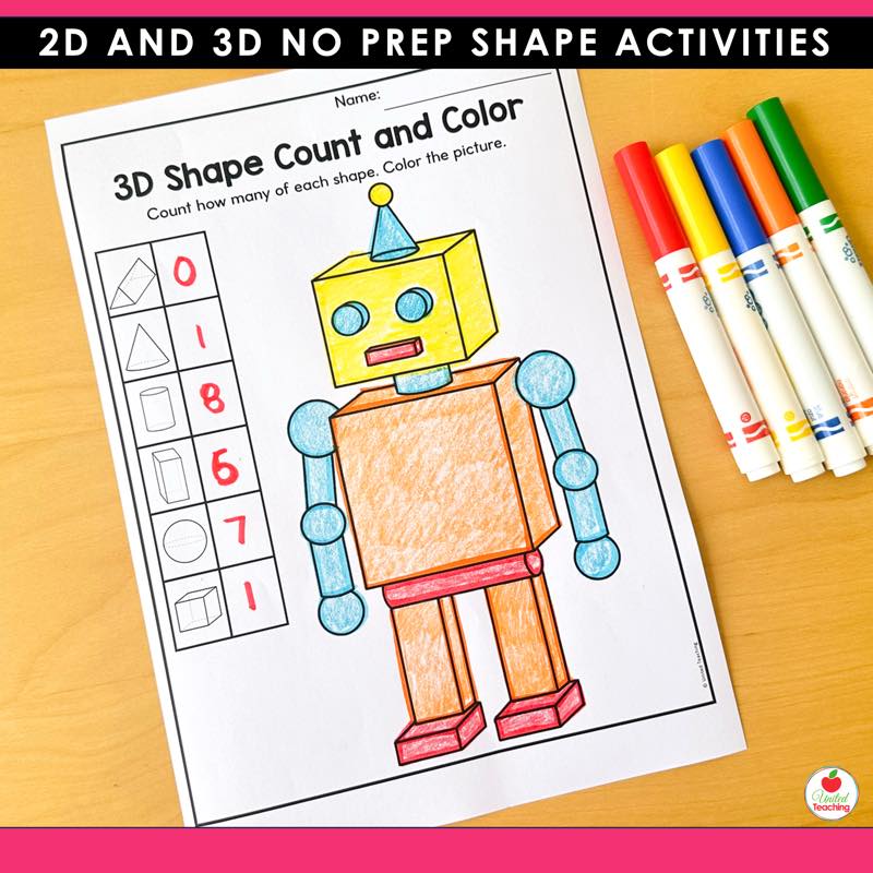 3D Shape Count and Color robot worksheet where students count each 3D shape and color the picture