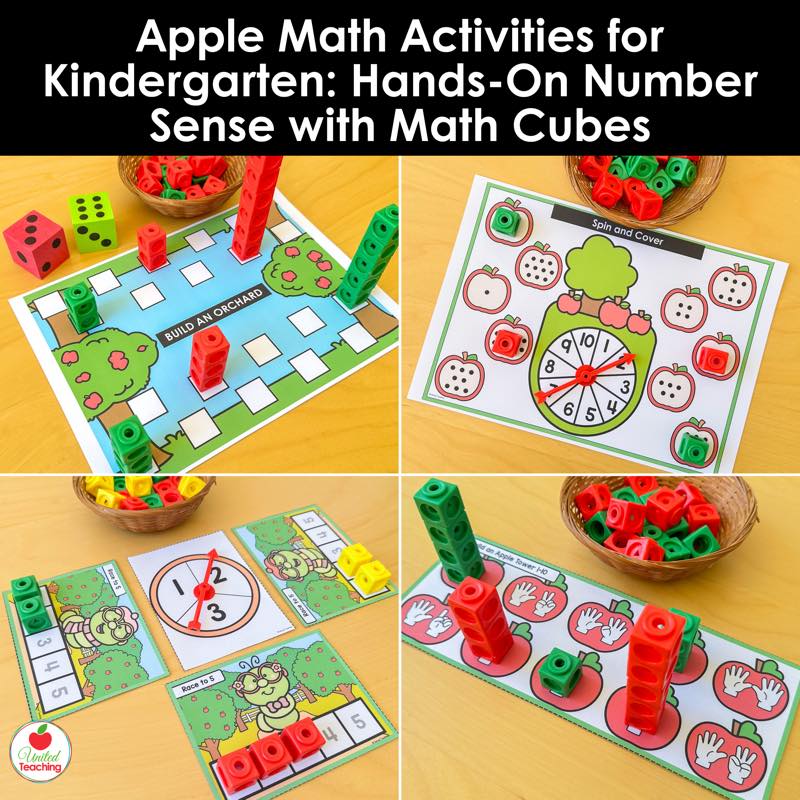 Apple Math Activities for Kindergarten featured image showing apple number sense mats and games built with math cubes