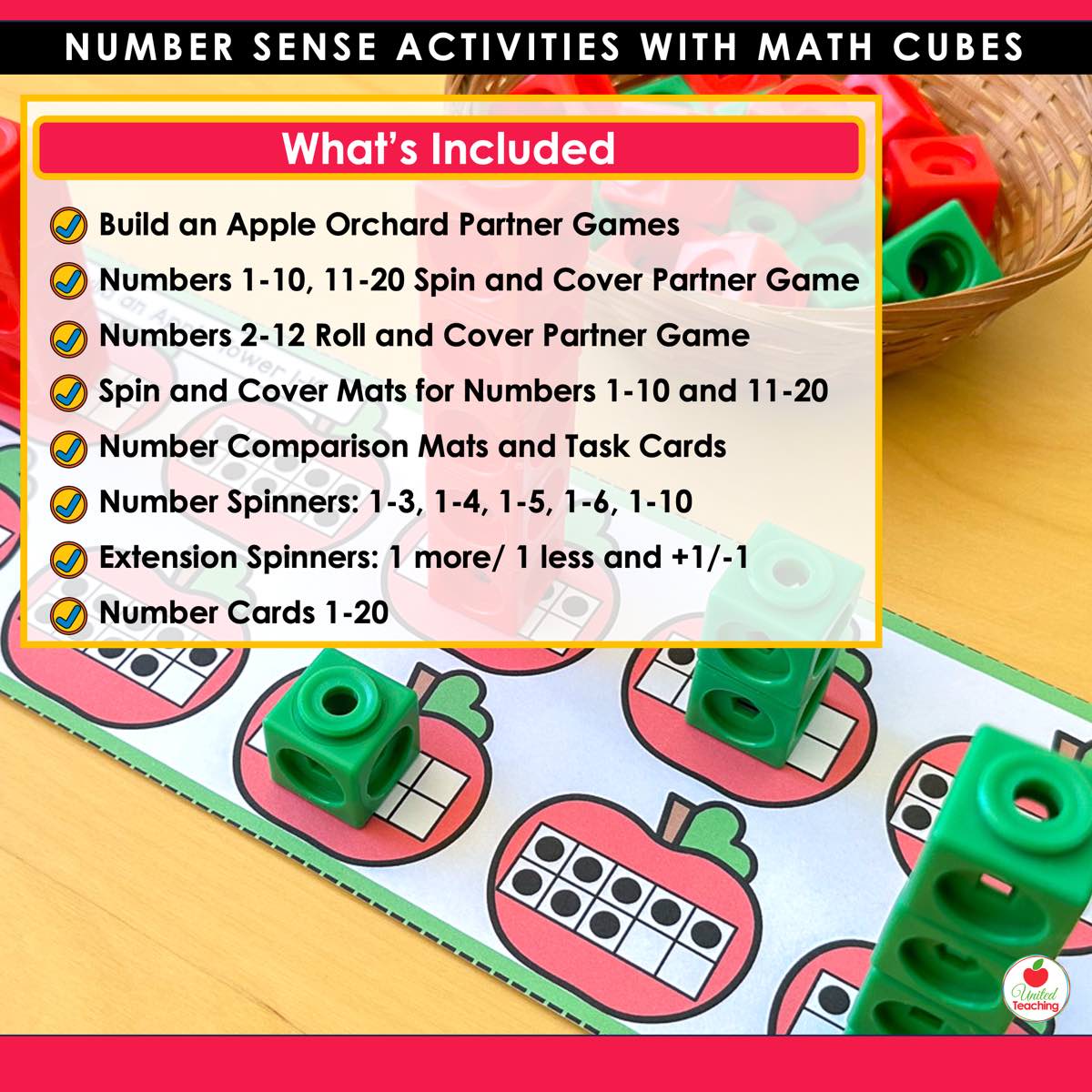 List of partner games and spinners included in Apple Number Sense Activities with Math Cubes