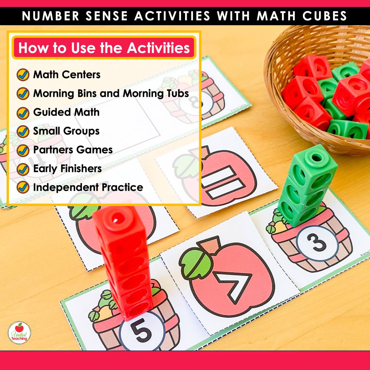 Ways to use Apple Number Sense Activities with Math Cubes including math centers morning tubs and small groups