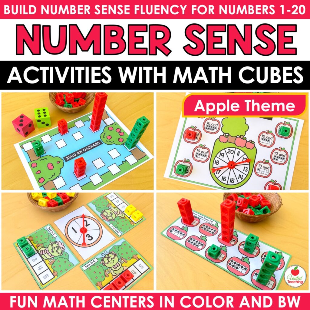 Apple Number Sense Activities with Math Cubes cover showing apple math mats and games built with connecting cubes