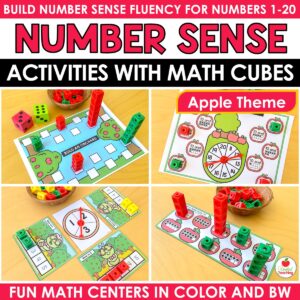 Apple Number Sense Activities with Math Cubes cover showing apple math mats and games built with connecting cubes