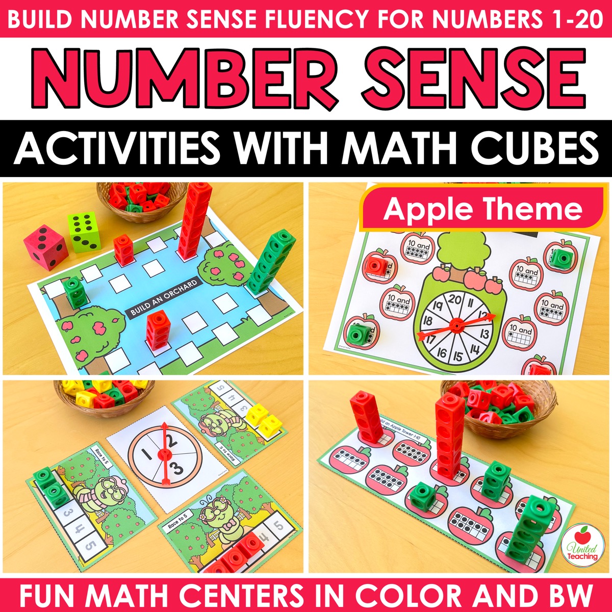 Apple Number Sense Activities with Math Cubes cover showing apple math mats and games built with connecting cubes