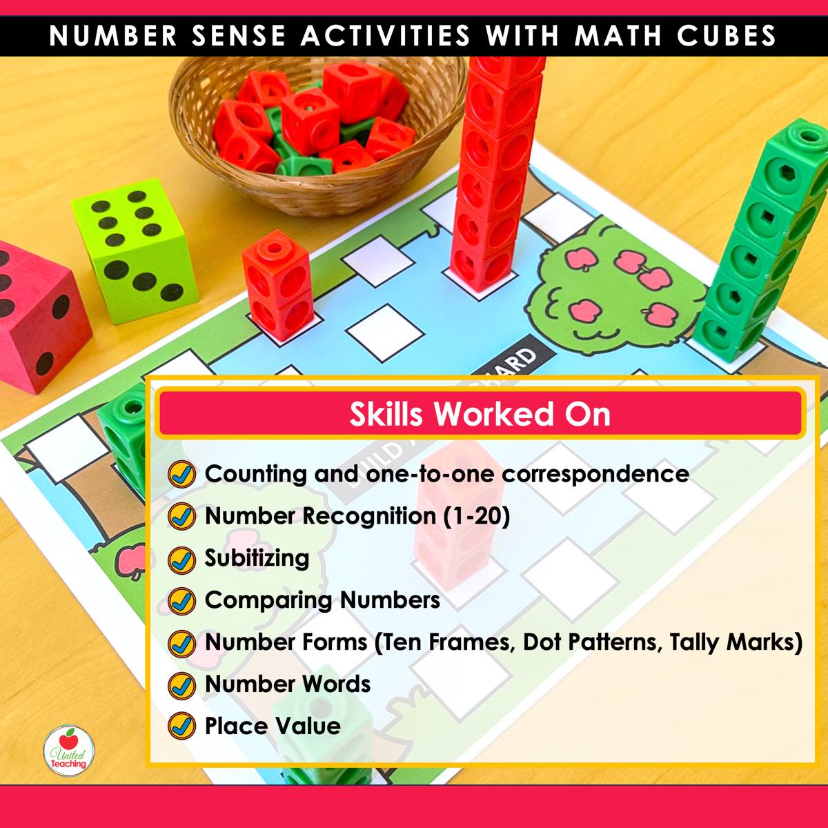 Number sense skills covered by Apple Number Sense Activities with Math Cubes including subitizing and place value