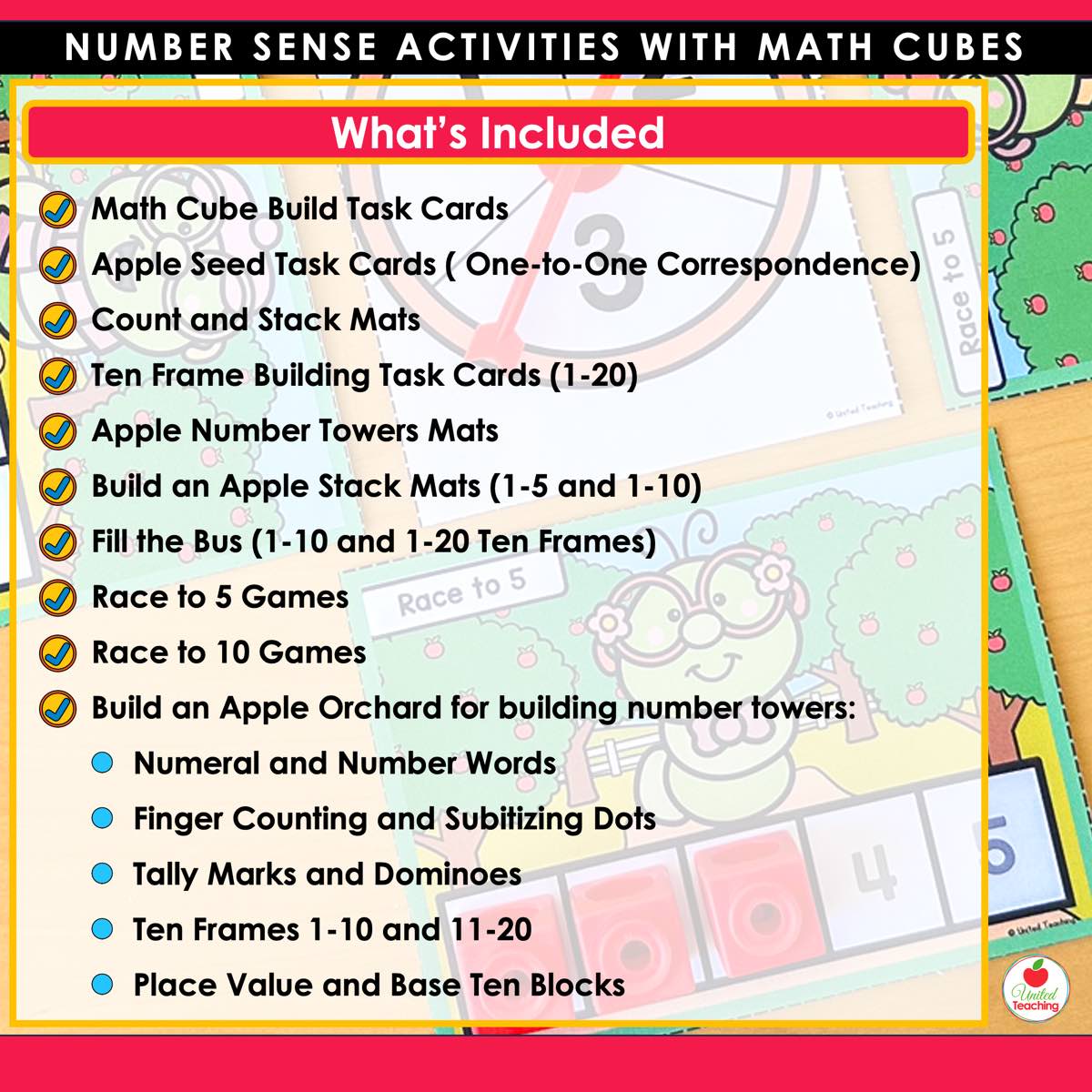 List of activities included in Apple Number Sense Activities with Math Cubes such as task cards mats and games
