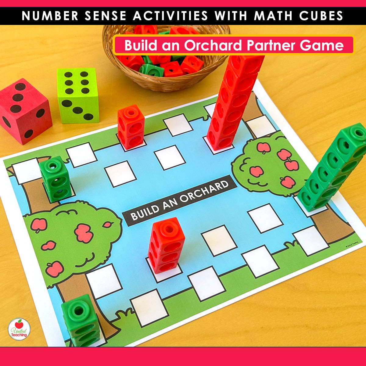 Build an Orchard apple partner game board with dice and math cube towers on an orchard scene