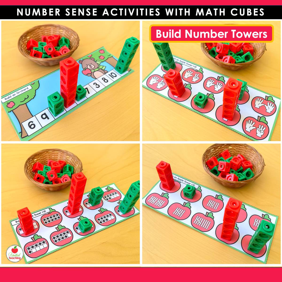 Apple number tower mats with math cube towers built on ten frames tally marks and finger counting apples