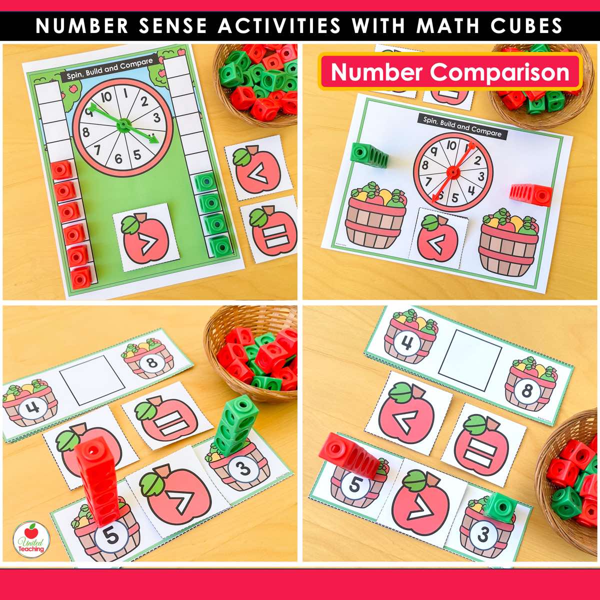 Apple number comparison mats and task cards with greater than less than and equal to apple symbol cards
