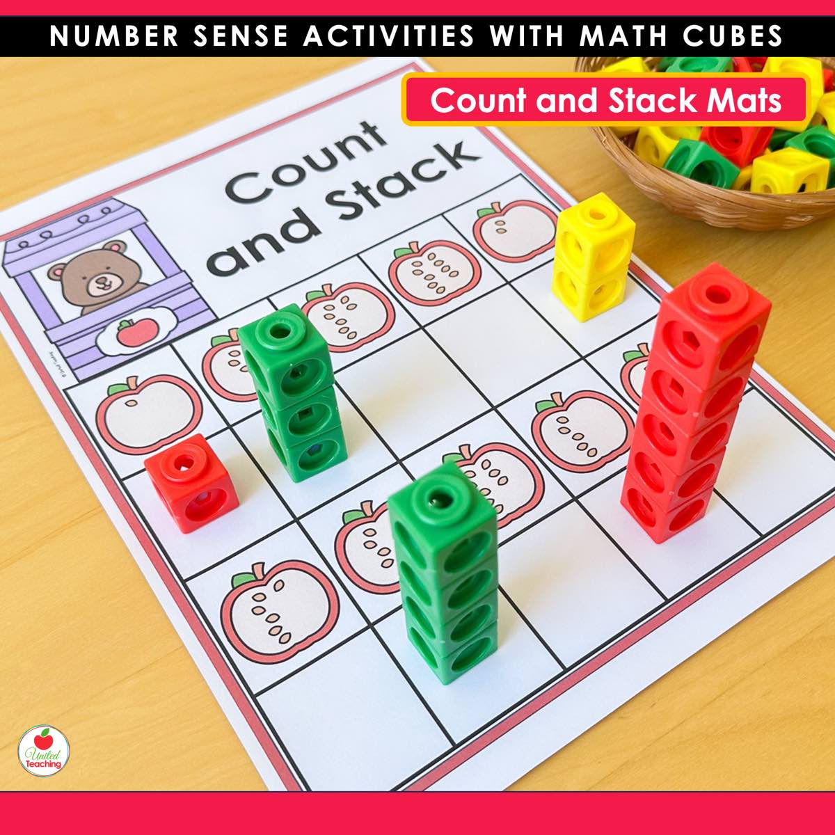 Apple Count and Stack mat with red green and yellow math cube towers matching apples with dots