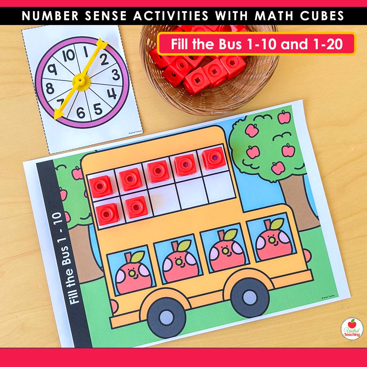 Apple Fill the Bus ten frame mat with red math cubes and a numbers 1 to 10 spinner