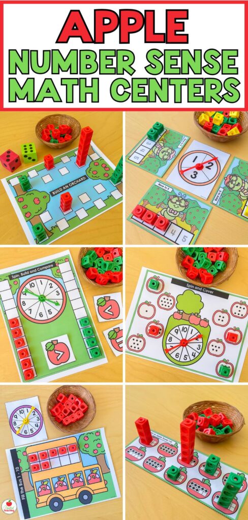 Apple Number Sense Activities with Math Cubes for kindergarten and first grade math centers. Students build an orchard, race to 5 with a spinner, fill the bus ten frames, stack apple towers, and spin and cover numbers 1 to 20.