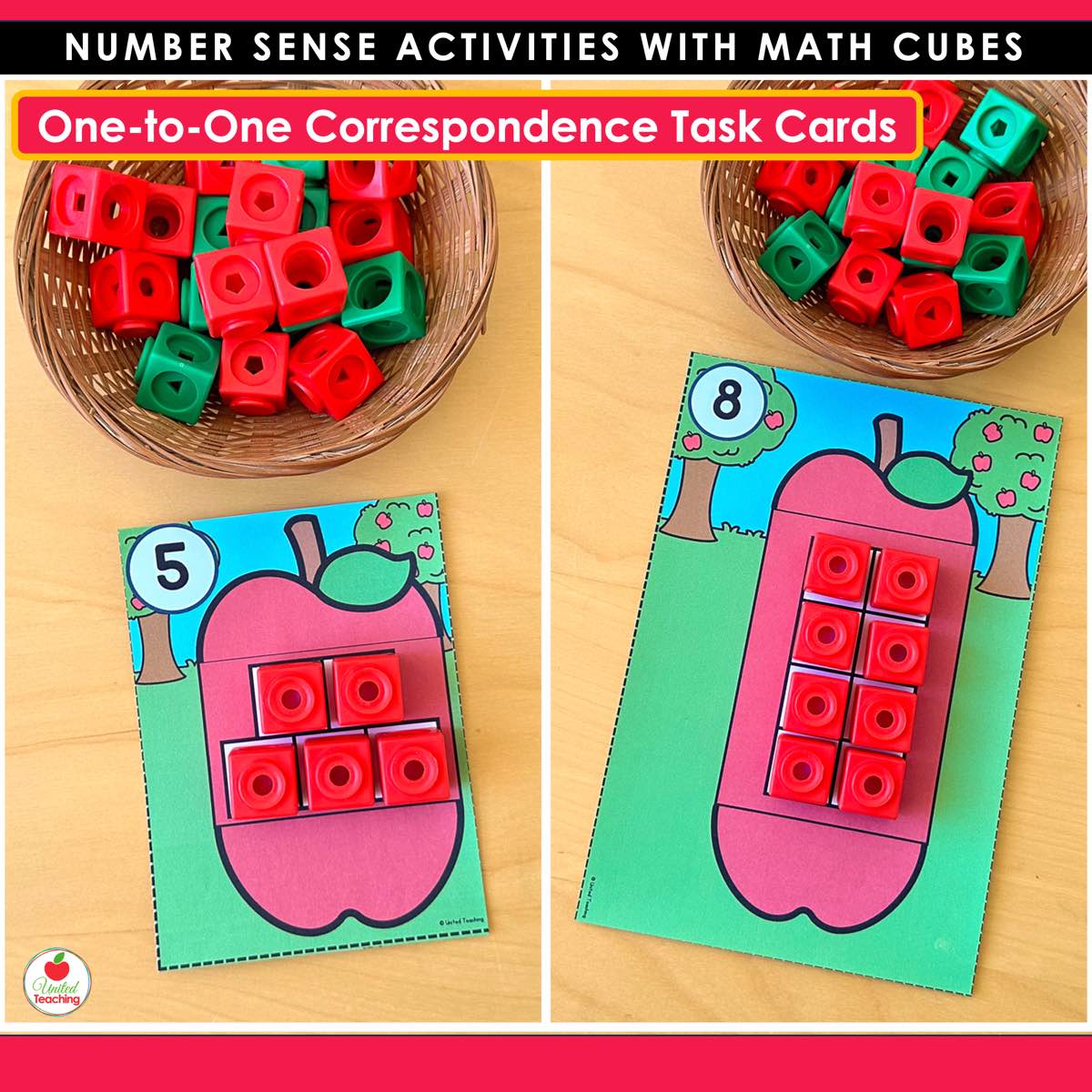 Apple one to one correspondence task cards with red math cubes placed on apple pictures for numbers 5 and 8