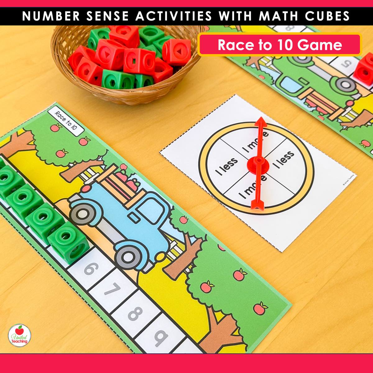 Apple Race to 10 game board with green math cubes a truck picture and a 1 more 1 less spinner